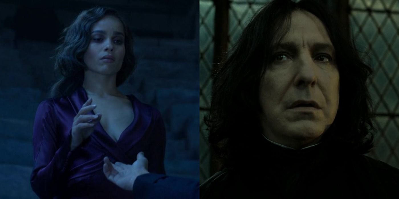 Split image of Leta Lestrange in Fantastic Beasts and Severus Snape's death in The Deathly Hallows