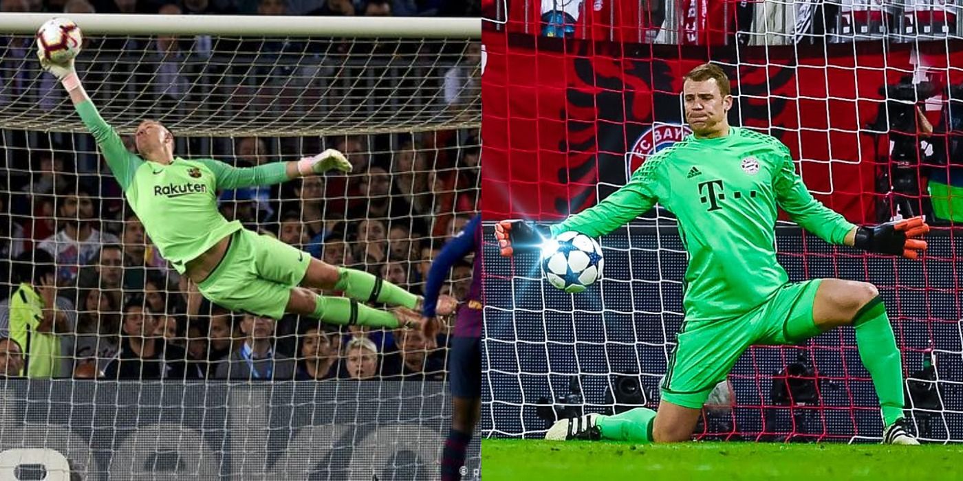 Split image of Marc-André Ter Stegen and Manuel Neuer saving shots for their club