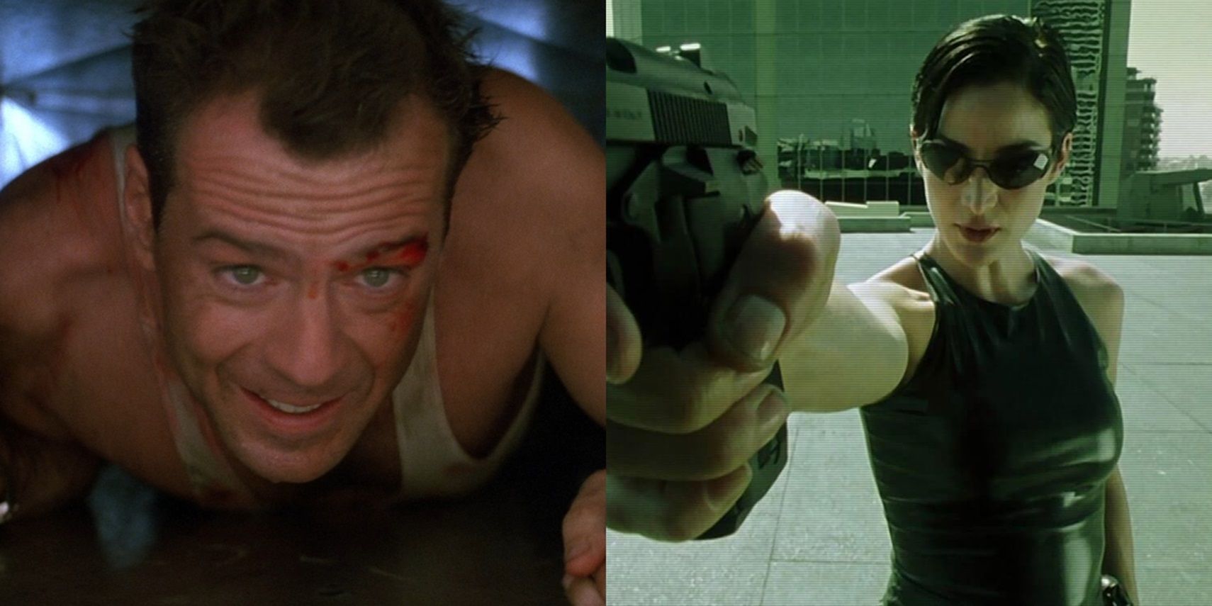 Split image of McClane in the vents in Die Hard and Trinity with a gun in The Matrix