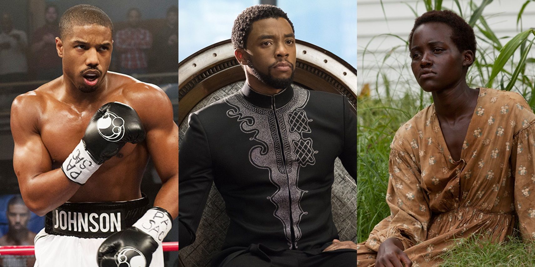 Split image of Michael B Jordan in Creed, Chadwick Boseman in Black Panther, and Lupita Nyong'o in 12 Years a Slave