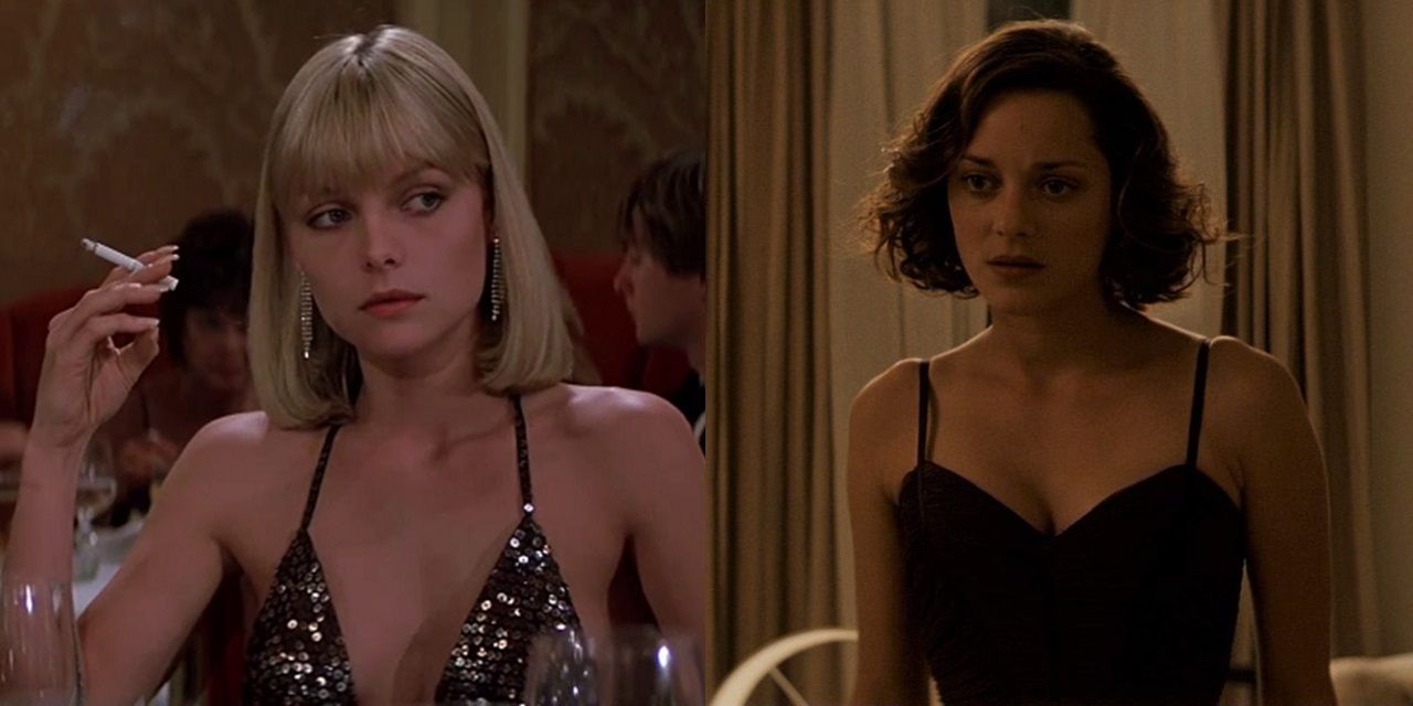 Split image of Michelle Pfeiffer in Scarface and Marion Cotillard in Inception