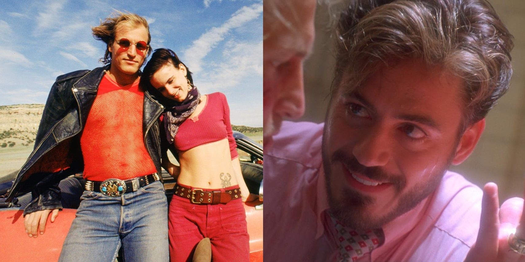 Split image of Mickey and Mallory sitting on their car and Wayne Gale grinning in Natural Born Killers