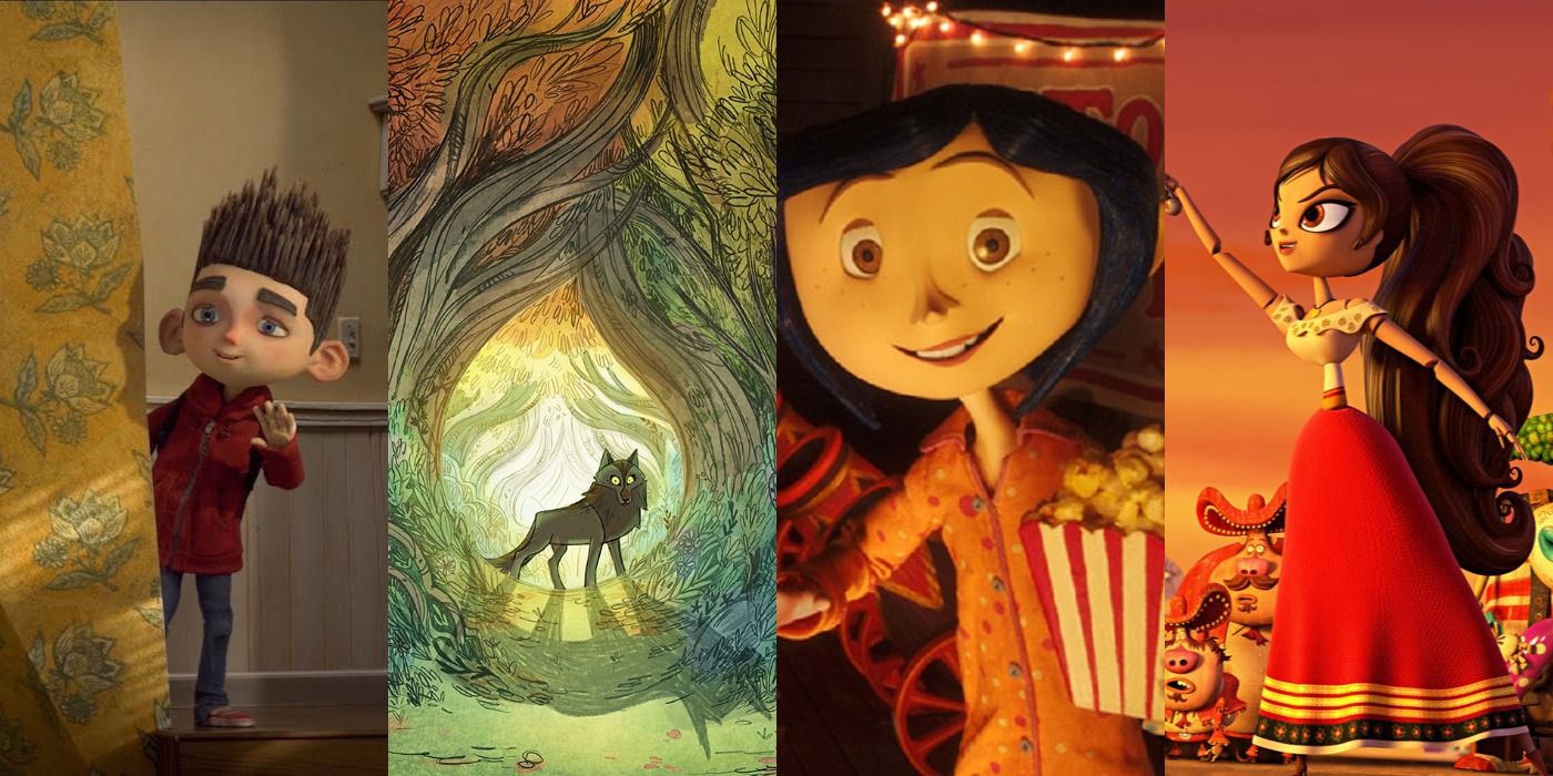 Split image of Paranorman, Wolfwalkers, Coraline and Book of Life