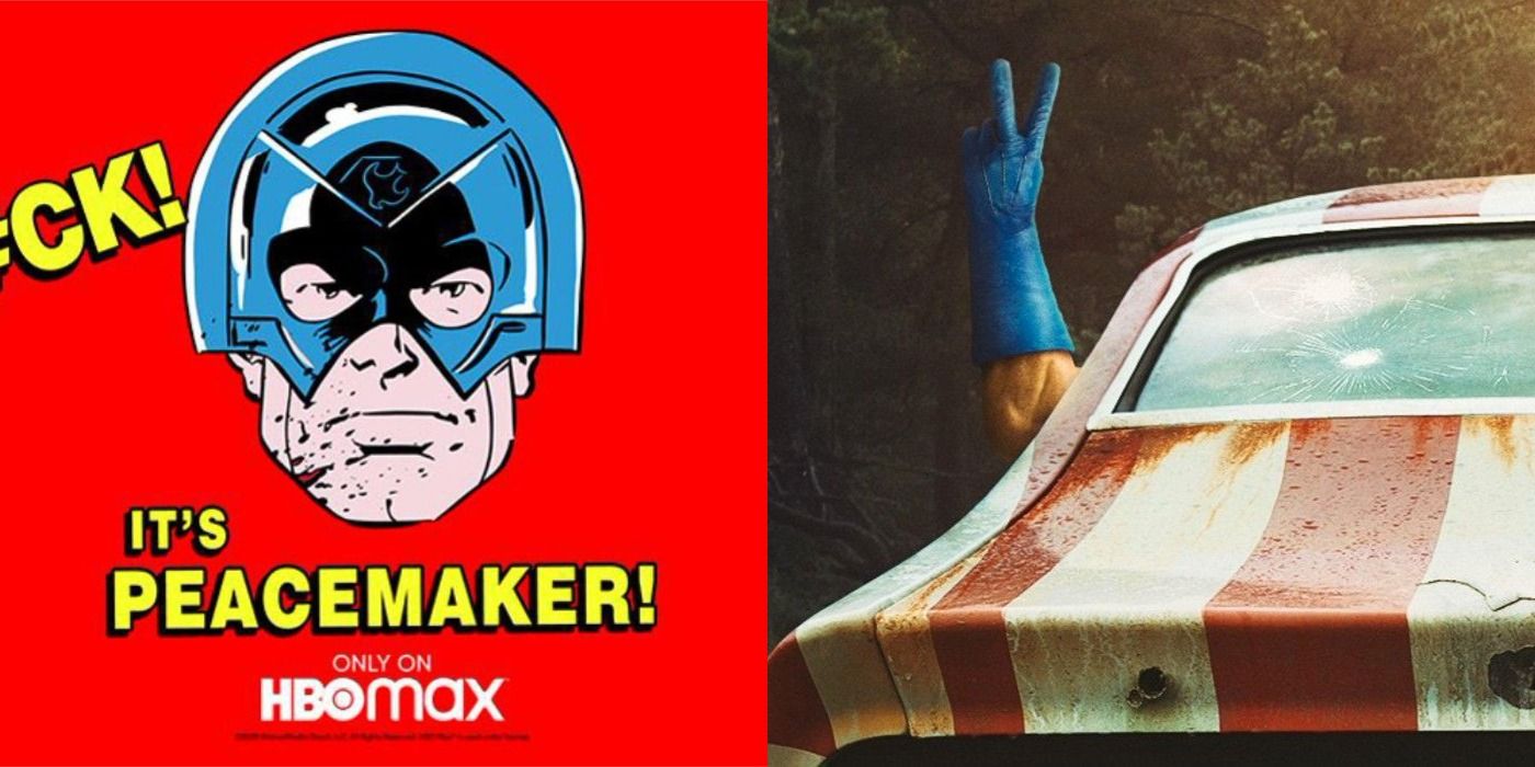 Split image of Peacemaker poster and screenshot of Peacemaker in a car riddled with bullet holes
