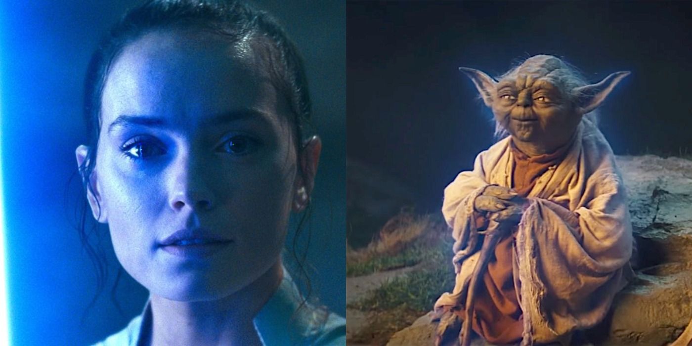 Split image of Rey in The Rise of Skywalker and Yoda as a Force Spirit in The Last Jedi