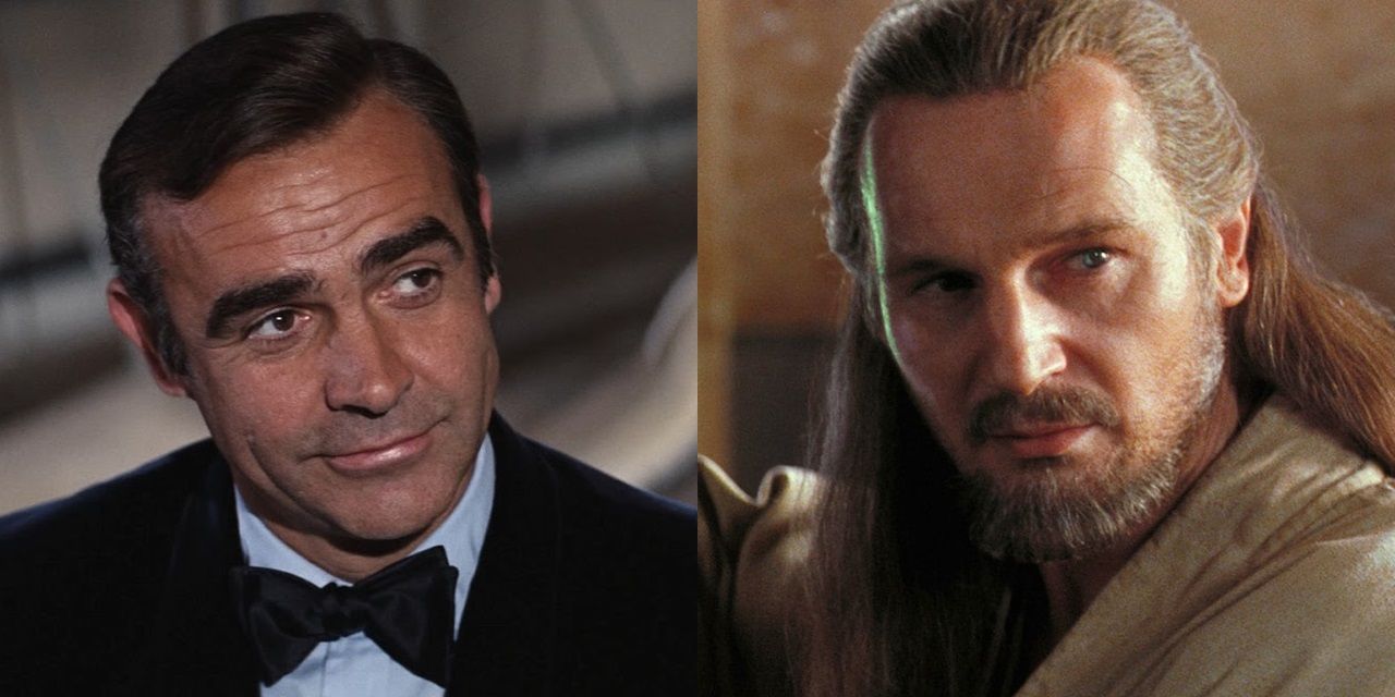 Split image of Sean Connery as James Bond and Liam Neeson as Qui-Gon Jinn