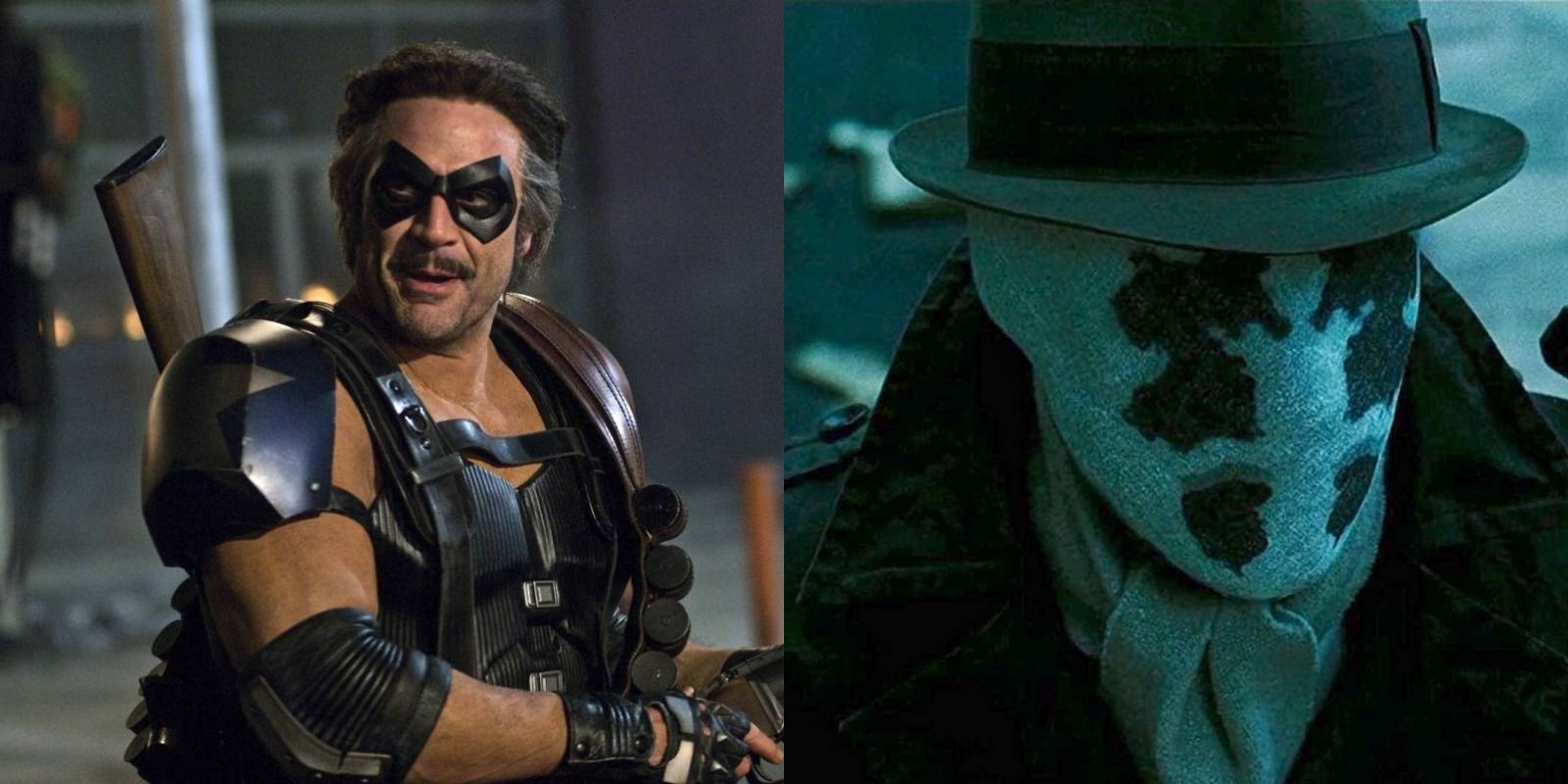 Split image of The Comedian and Rorschach from Watchmen