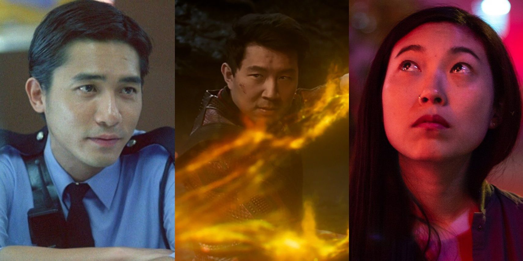 Split image of Tony Leung in Chungking Express, Simu Liu in Shang-Chi, and Awkwafina in The Farewell