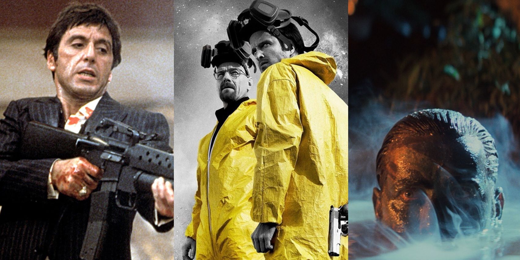 Split image of Tony Montana in Scarface/Walt and Jesse in Breaking Bad/Willard in Apocalypse Now