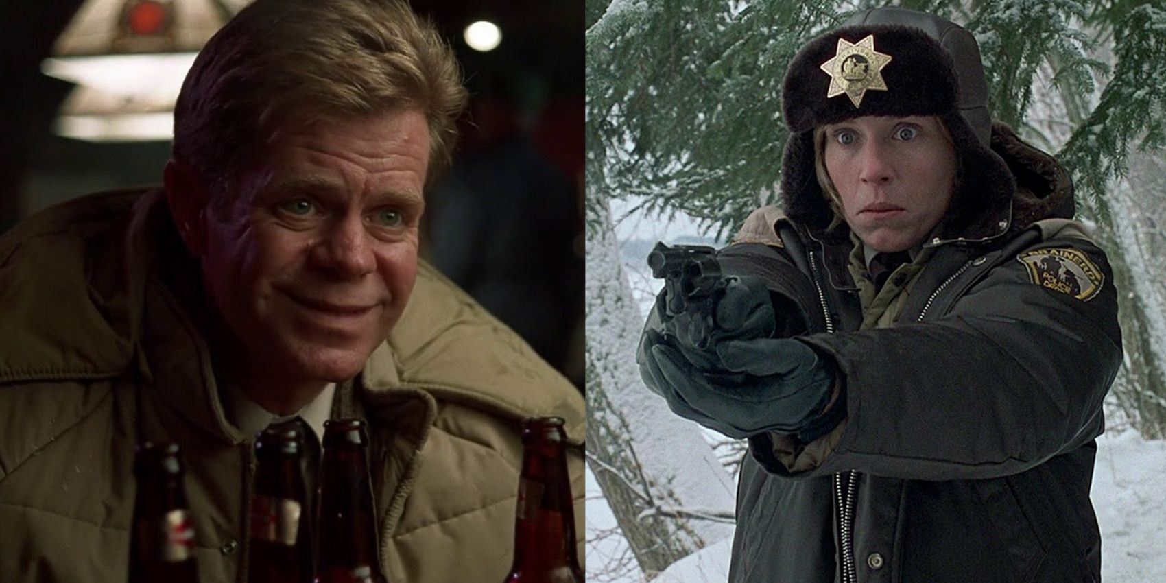 Split image of William H Macy in a bar and Frances McDormand holding a gun in Fargo