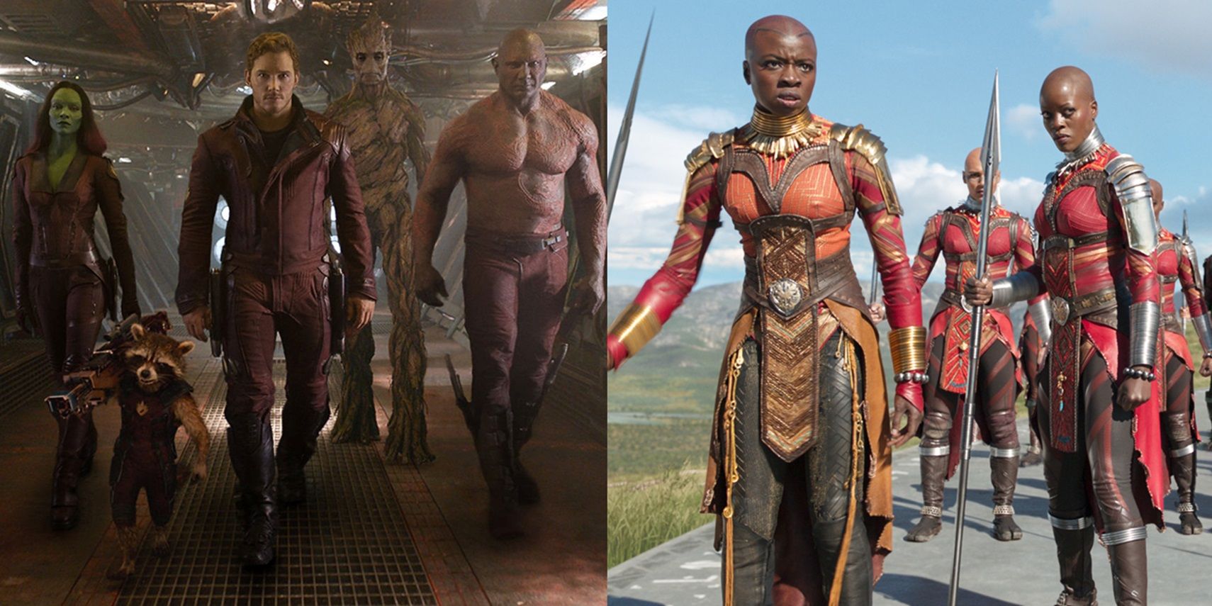 Split image of the Guardians of the Galaxy and the Dora Milaje