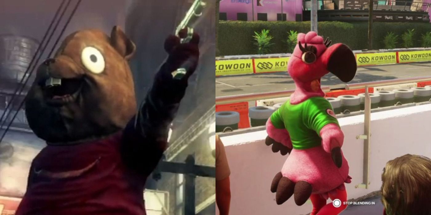 Split image of the chipmunk disguise in Hitman Absolution and the flamingo disguise in Hitman 2
