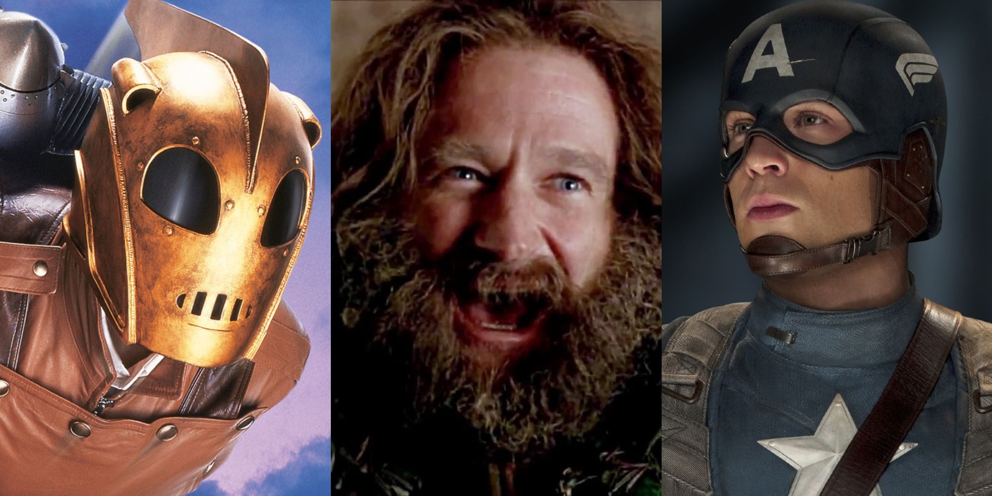 Split image of the main characters from The Rocketeer, Jumanji and Captain America The First Avenger
