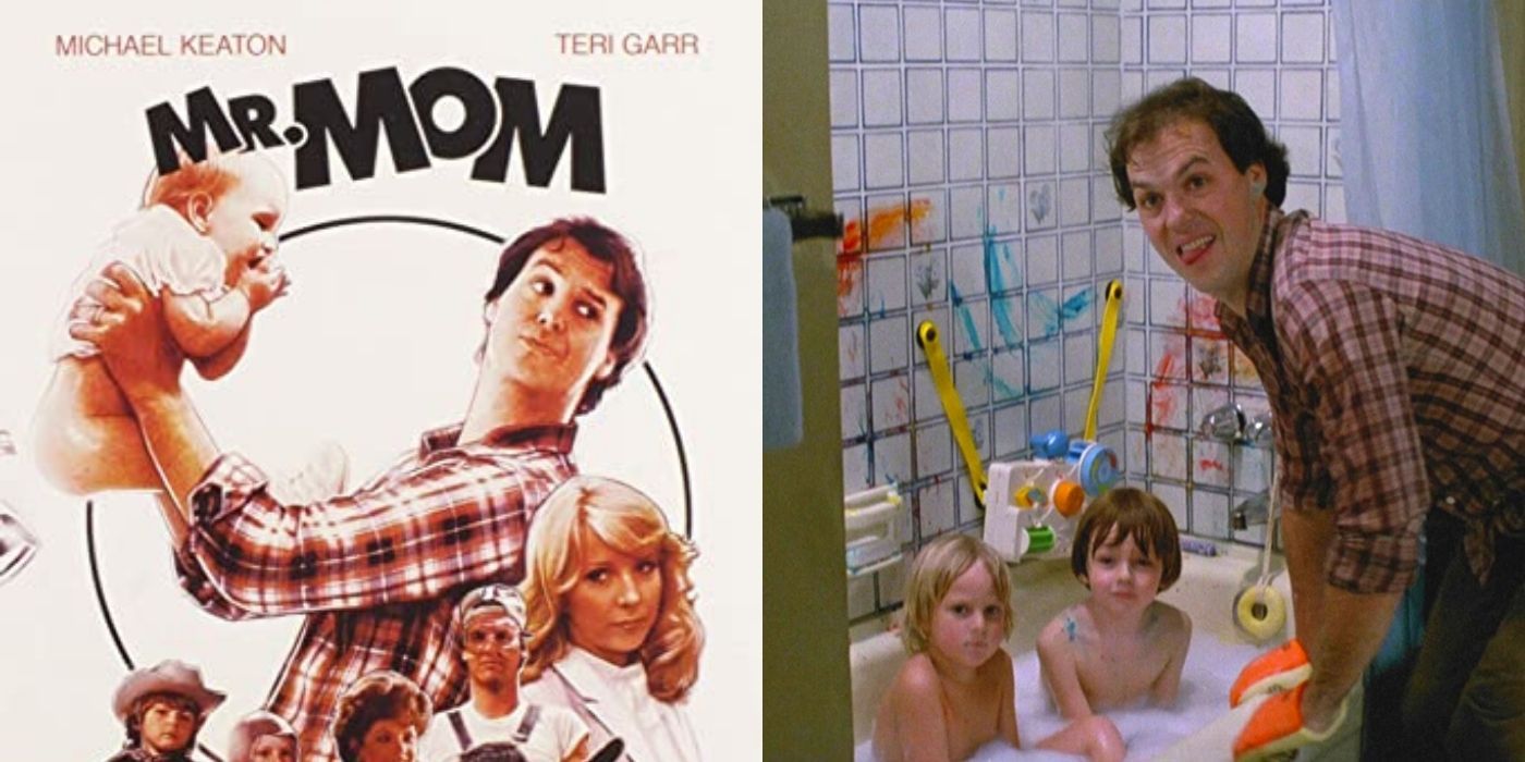 Split image of the movie Mr Mom - with the dad bathing his kids next to the movie promo picture