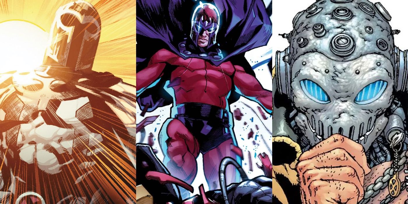 Split image of white suit Magneto, Classic Magneto and Xorn thinking intently.