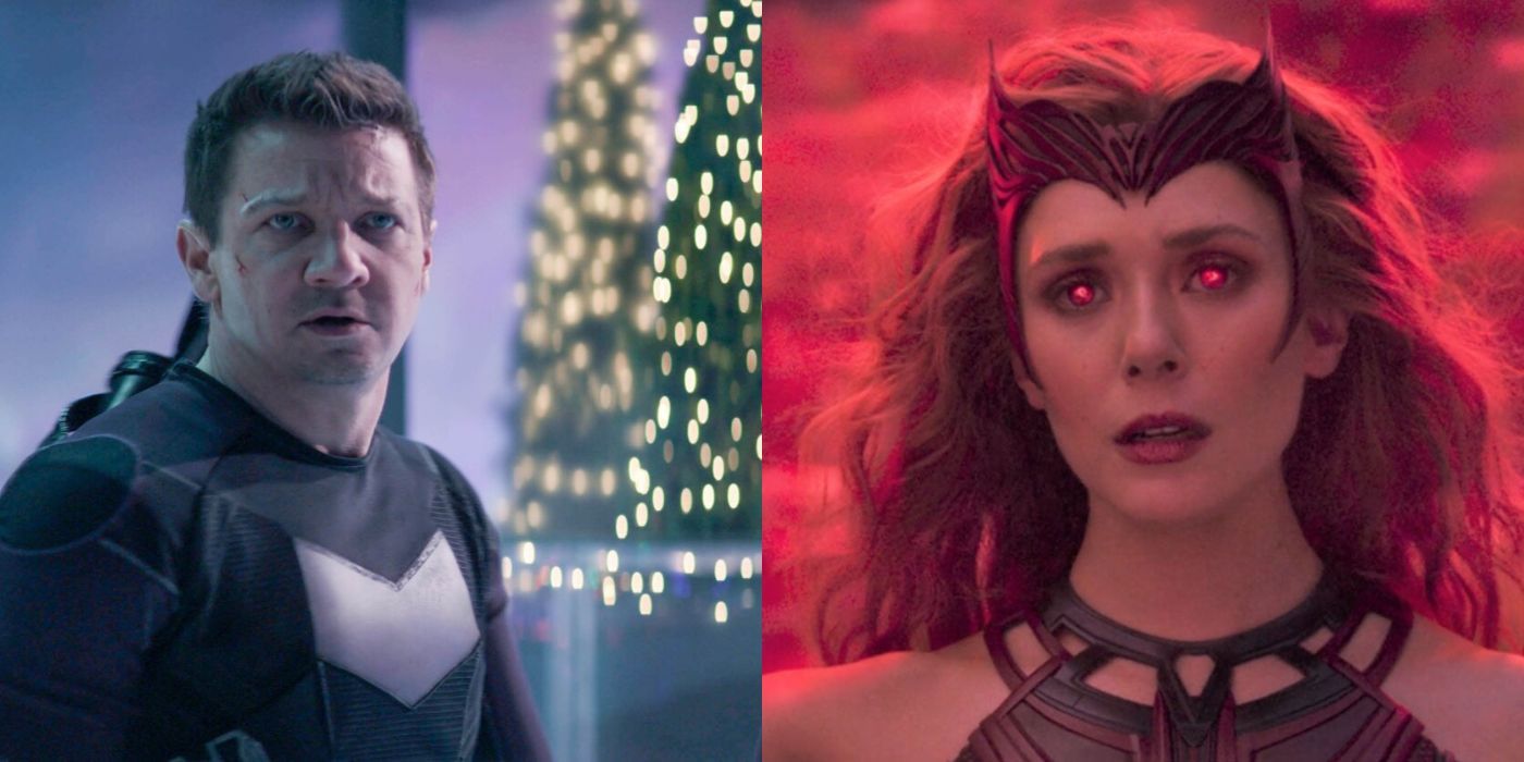 Split image showing Hawkeye and Scarlet Witch in the MCU
