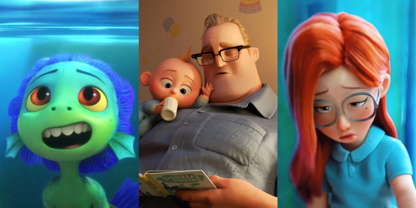 Split image showing Luca in Luca, Jack Jack and Mr Incredible in The Incredibles 2, and a young Ming in Turning Red