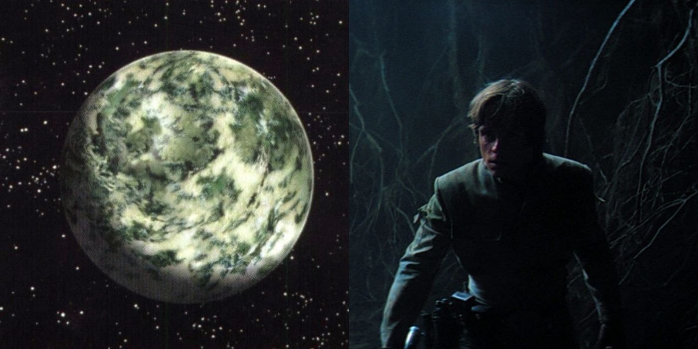 Split images of Dagobah and Luke Skywalker entering the Cave of Evil in Dagobah