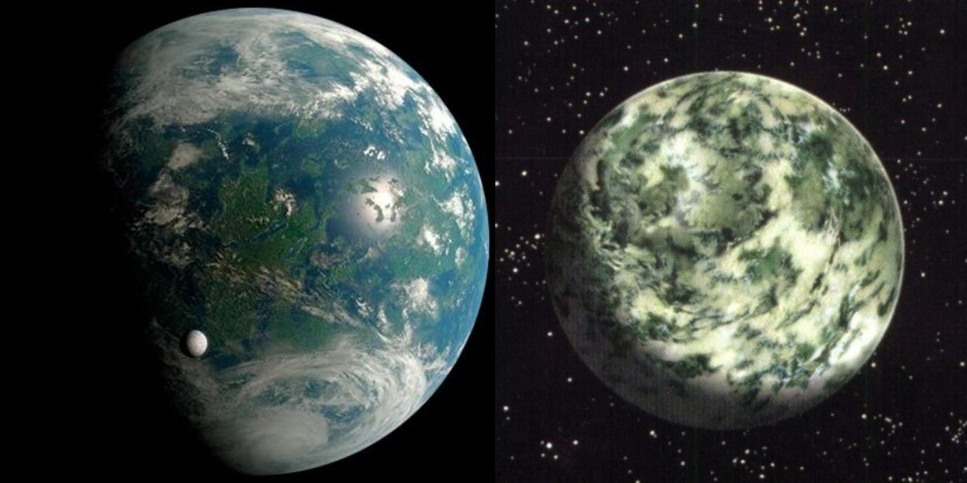 Split images of Kashyyyk and Dagobah from a space view