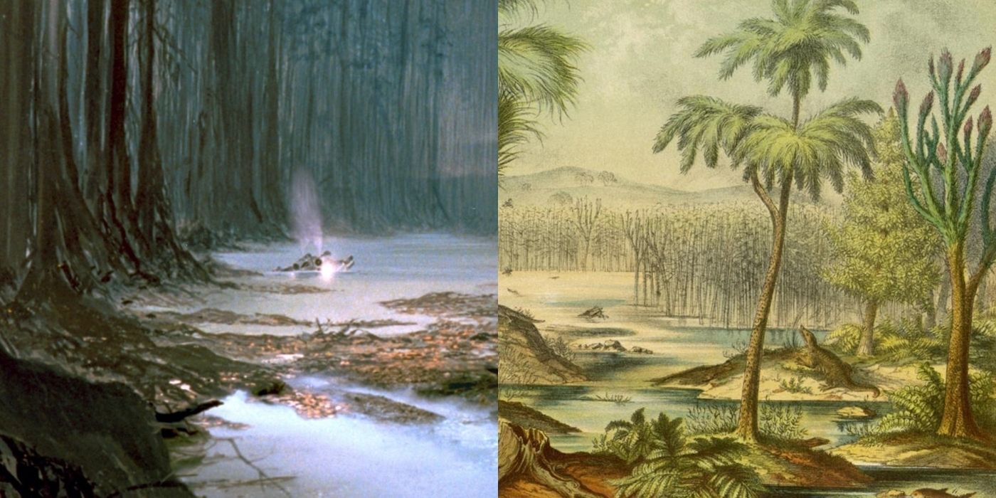 Split images of the landscape of Dagobah, and Earth in the Carboniferous Period