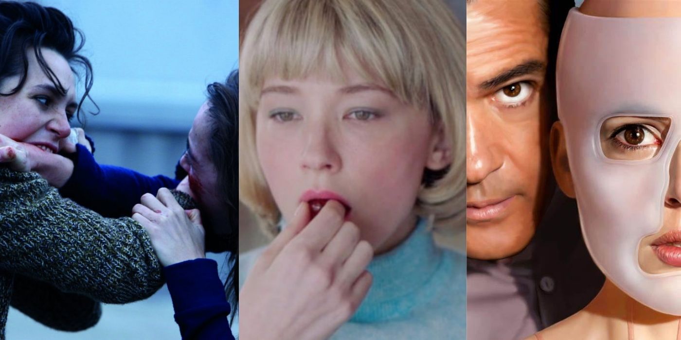 Split images of two women biting each other's hands in Raw, a woman eating in Swallow, and a surgeon posing next to a woman wearing a mask in The Skin I Live In