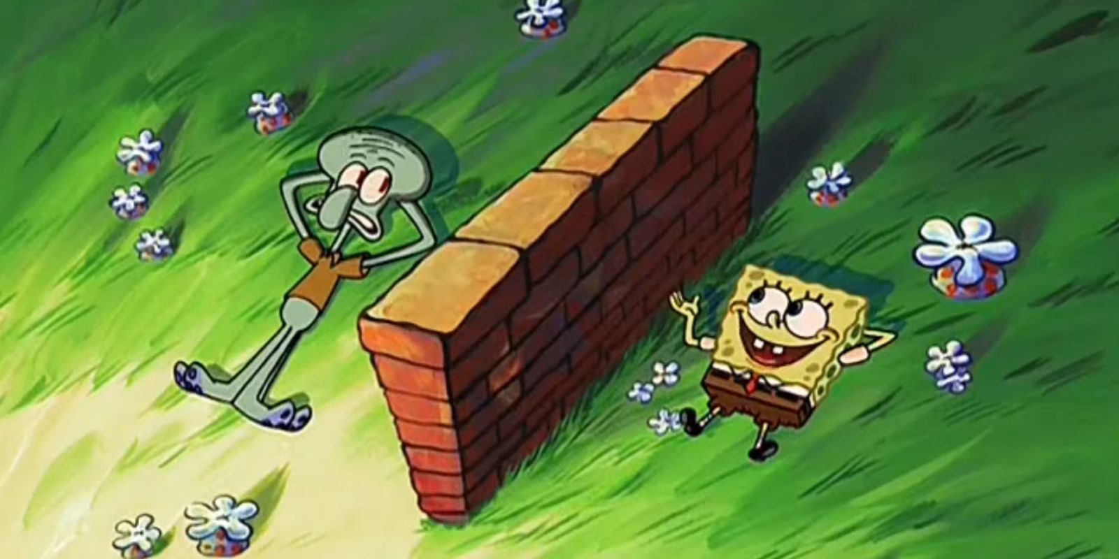 SpongeBob and Squidward lying on the ground with a brick wall in Dying For Pie of SpongeBob SquarePants