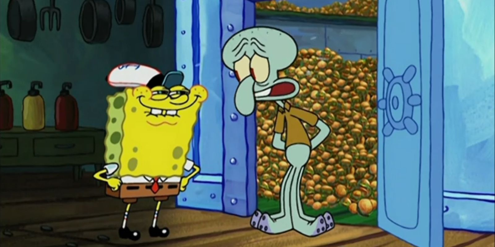 SpongeBob coyly smiling at Squidward in the Patty Vault in Just One Bite of SpongeBob SquarePants