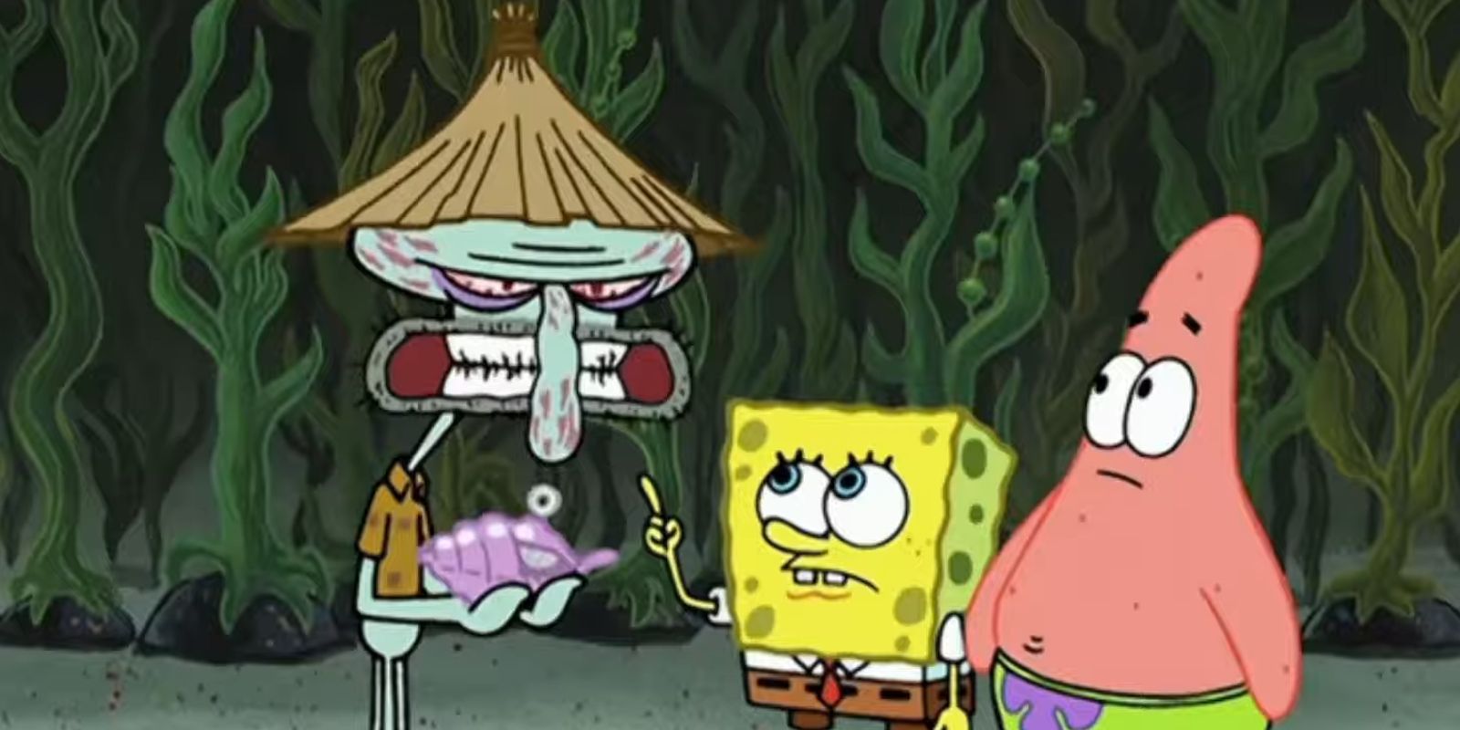 Squidward raging about the magic conch while SpongeBob and Patrick watch in Club SpongeBob of SpongeBob SquarePants