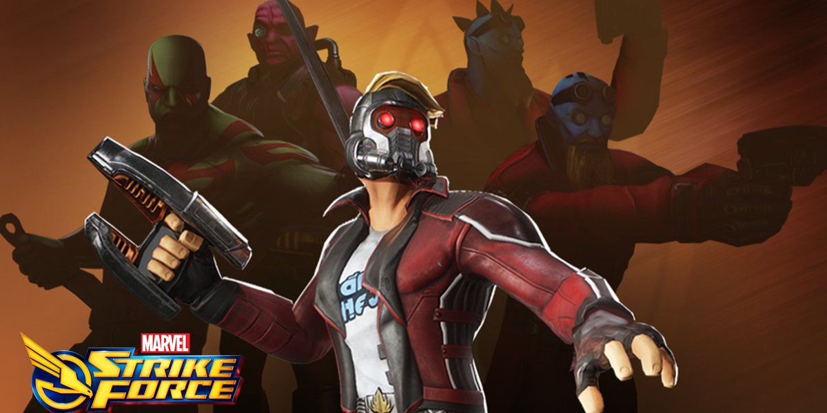 Star-Lord poses with his gun with several Guardians behind him in Marvel Strike Force.