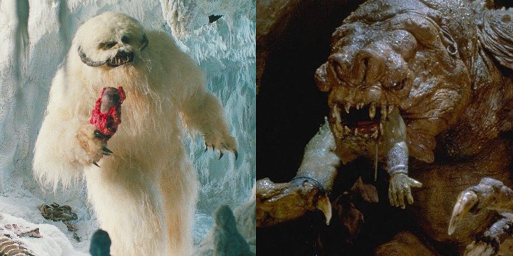 Split image of the Rancor and Wampa monsters from the Star Wars original trilogy.