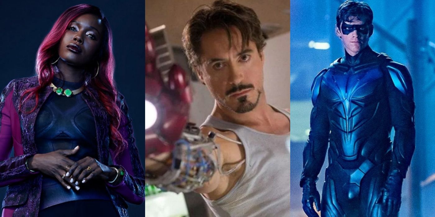 A split image depicts Starfire, Iron Man, and Nightwing
