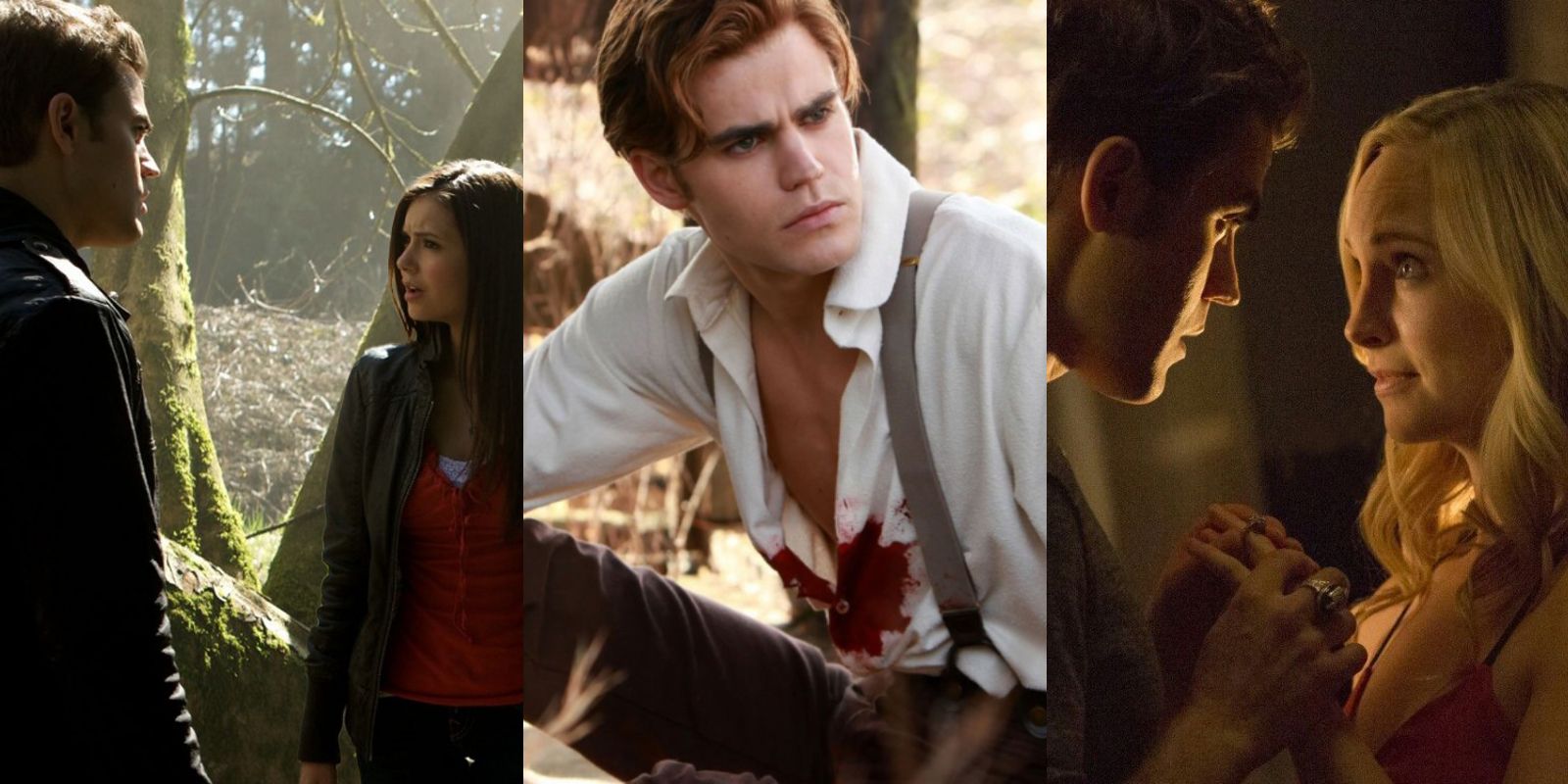 Split image of Stefan and Elena in the cemetery, Stefan in 1864, and Stefan and Caroline holding hands in The Vampire Diaries.