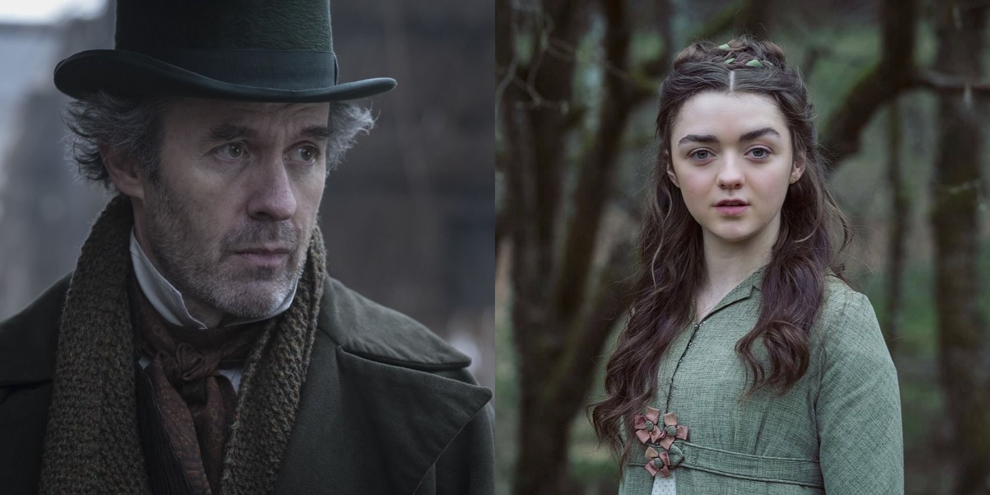 Split image of Stephen Dillane and Maisie Williams in Mary Shelley
