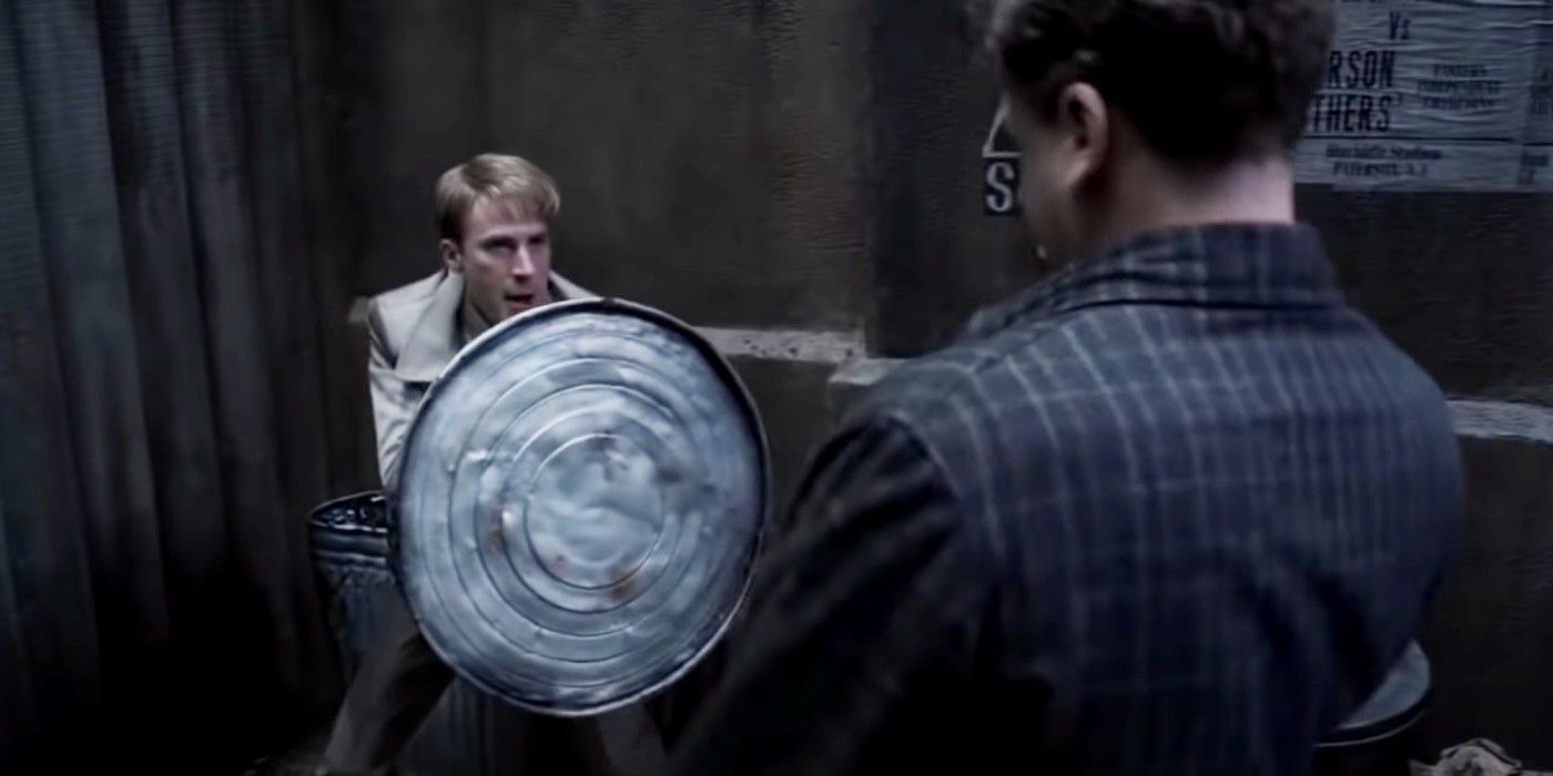 Steve Rogers pulls a trash lid to fight in Captain America First Avengers