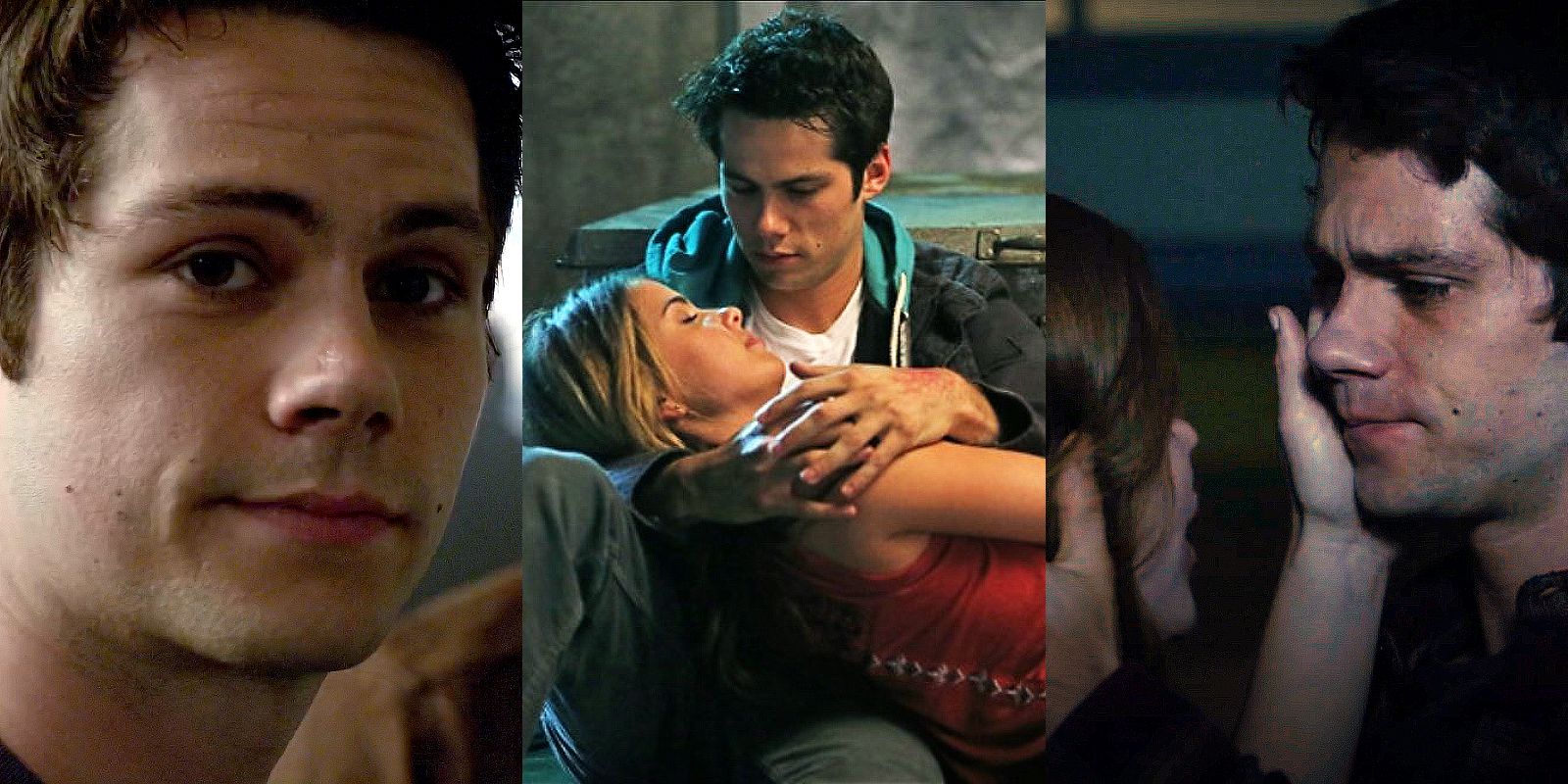 Split image of Stiles looking at Lydia, Stiles holding Malia, and Stiles and Lydia holding each other's faces in Teen Wolf.