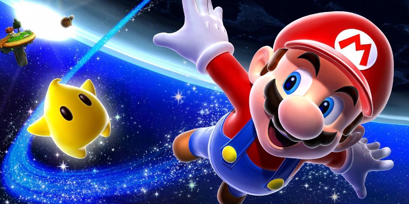Mario dan Luma terbang melintasi angkasa di Super Mario Galaxy.