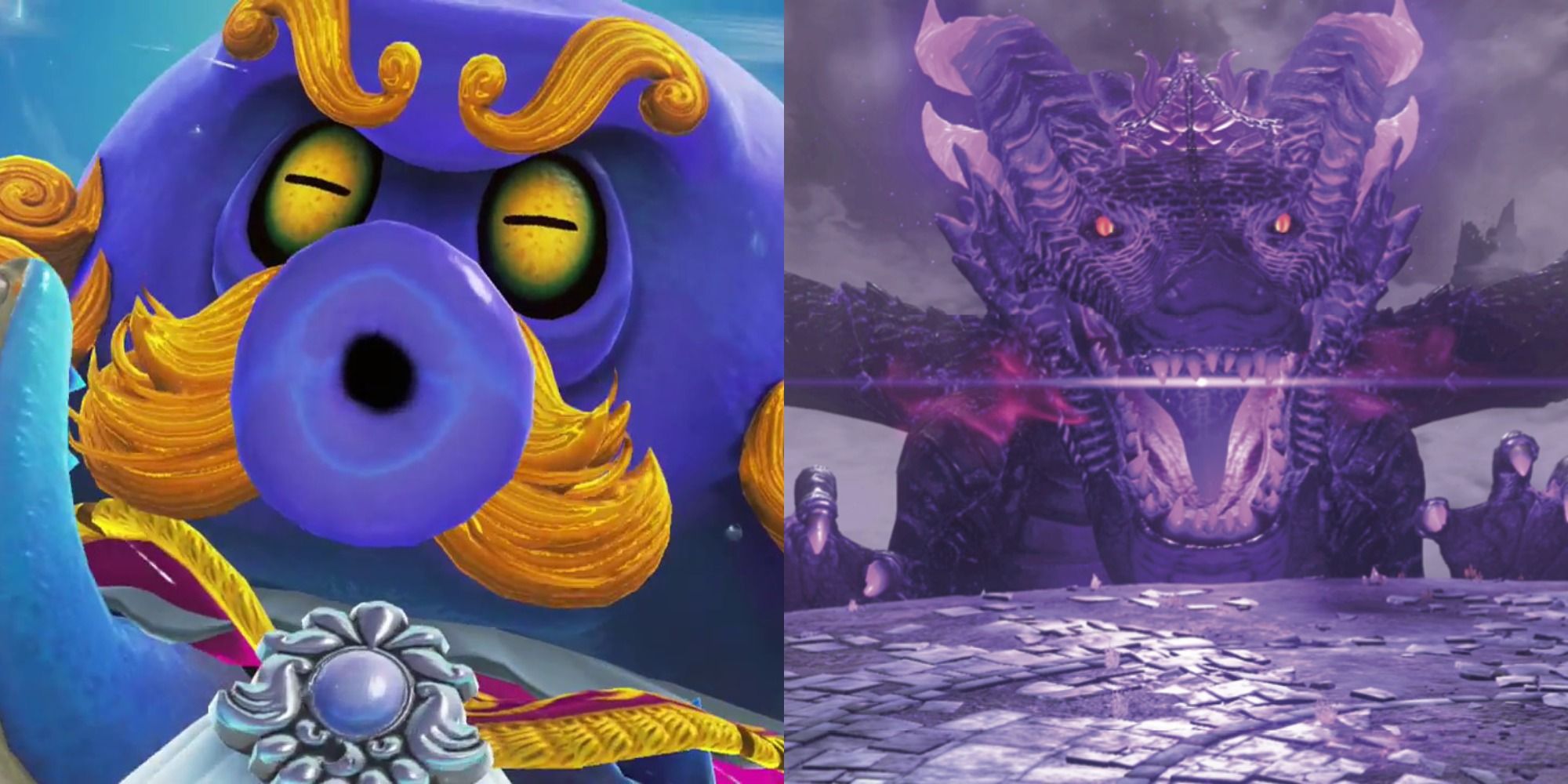 Split image showing Mollusque-Lanceur and the Ruined Dragon in Super Mario Odyssey