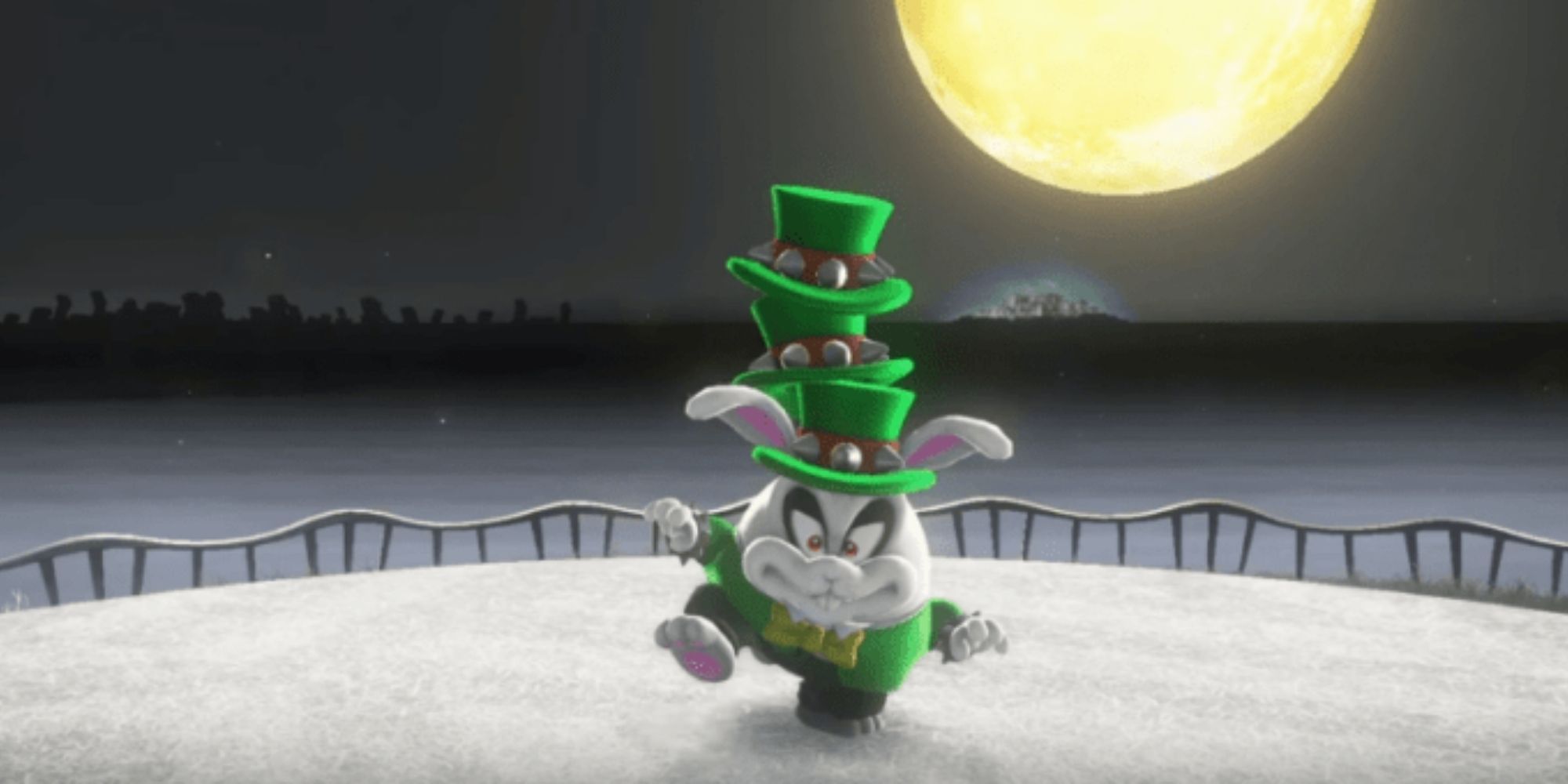 Topper wearing multiple green hats during his battle in Super Mario Odyssey
