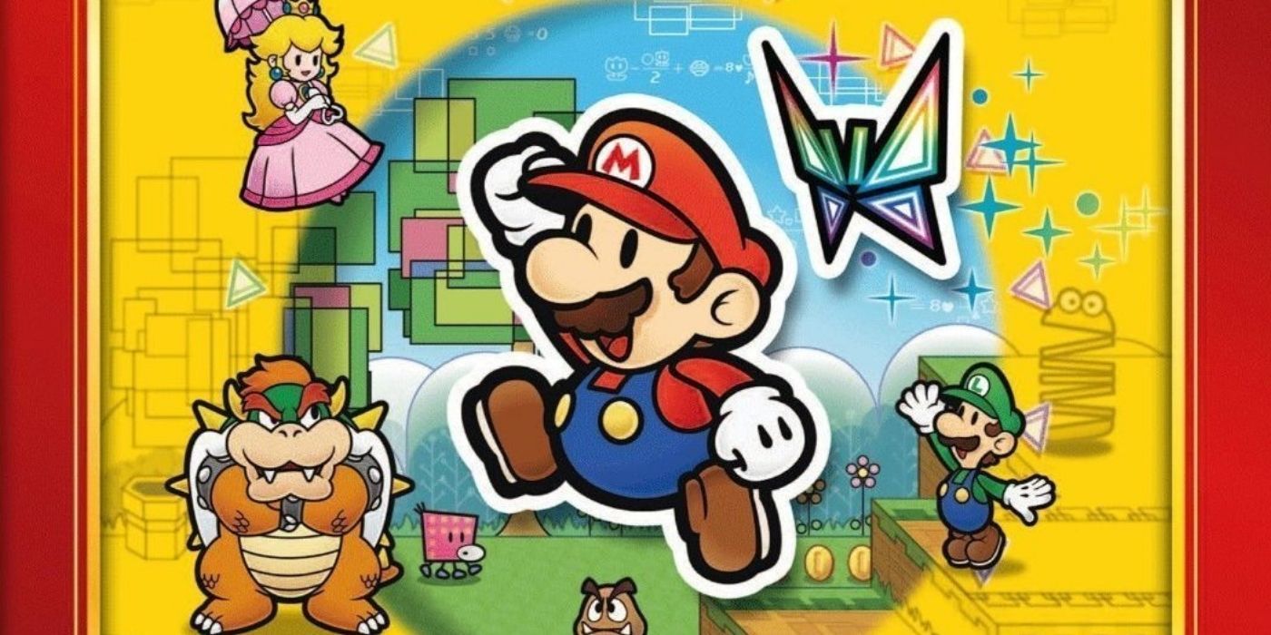 Cover to the game Super Paper Mario featuring Mario, Bowser, Peach, Luigi, and Tippi.