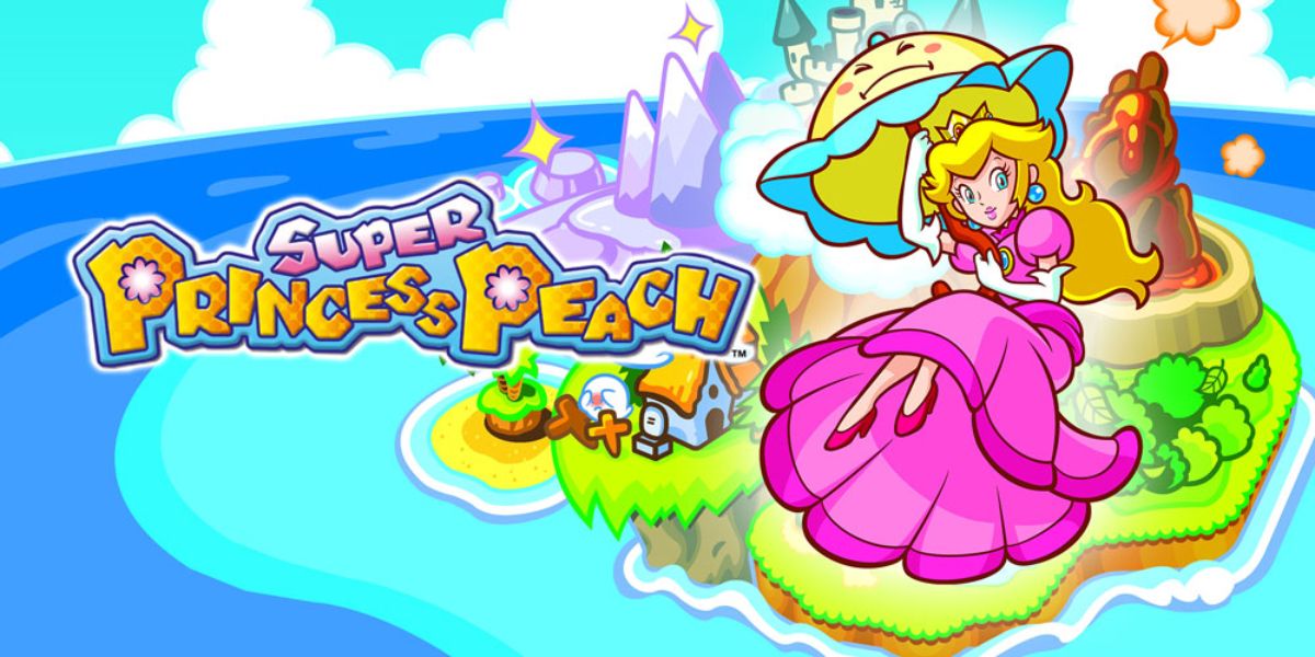 The cover art to Super Princess Peach with a woman sitting on an island.