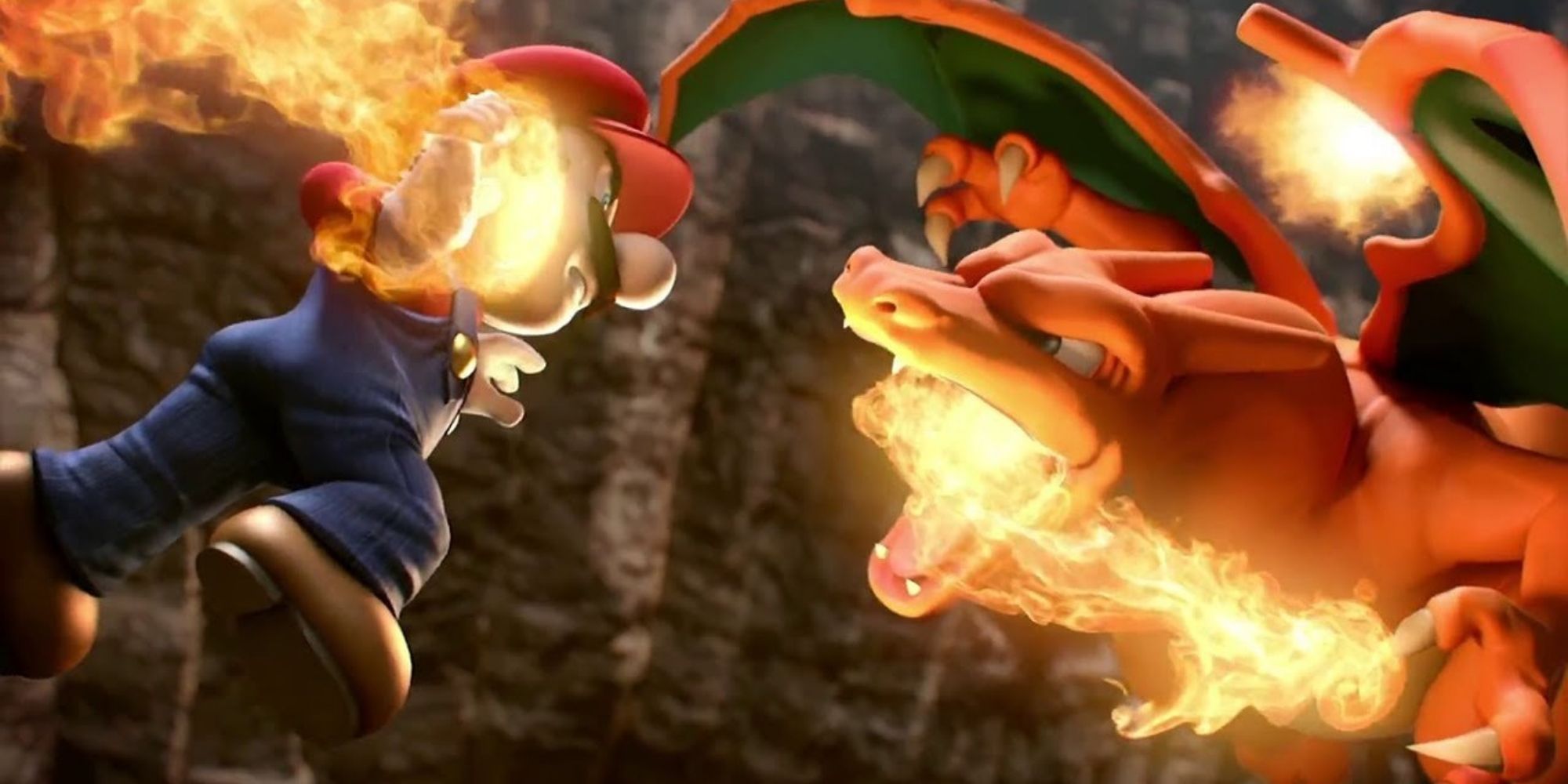 Charizard figts Mario in Super Smash Bros Ultimate