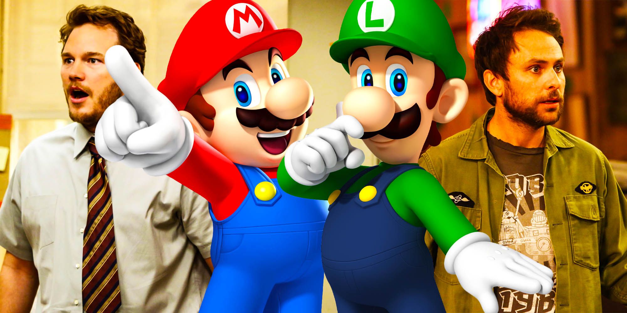 A blended image features actors Chris Pratt and Charlie Day behind the images of Super Mario Bros. Mario and Luigi.