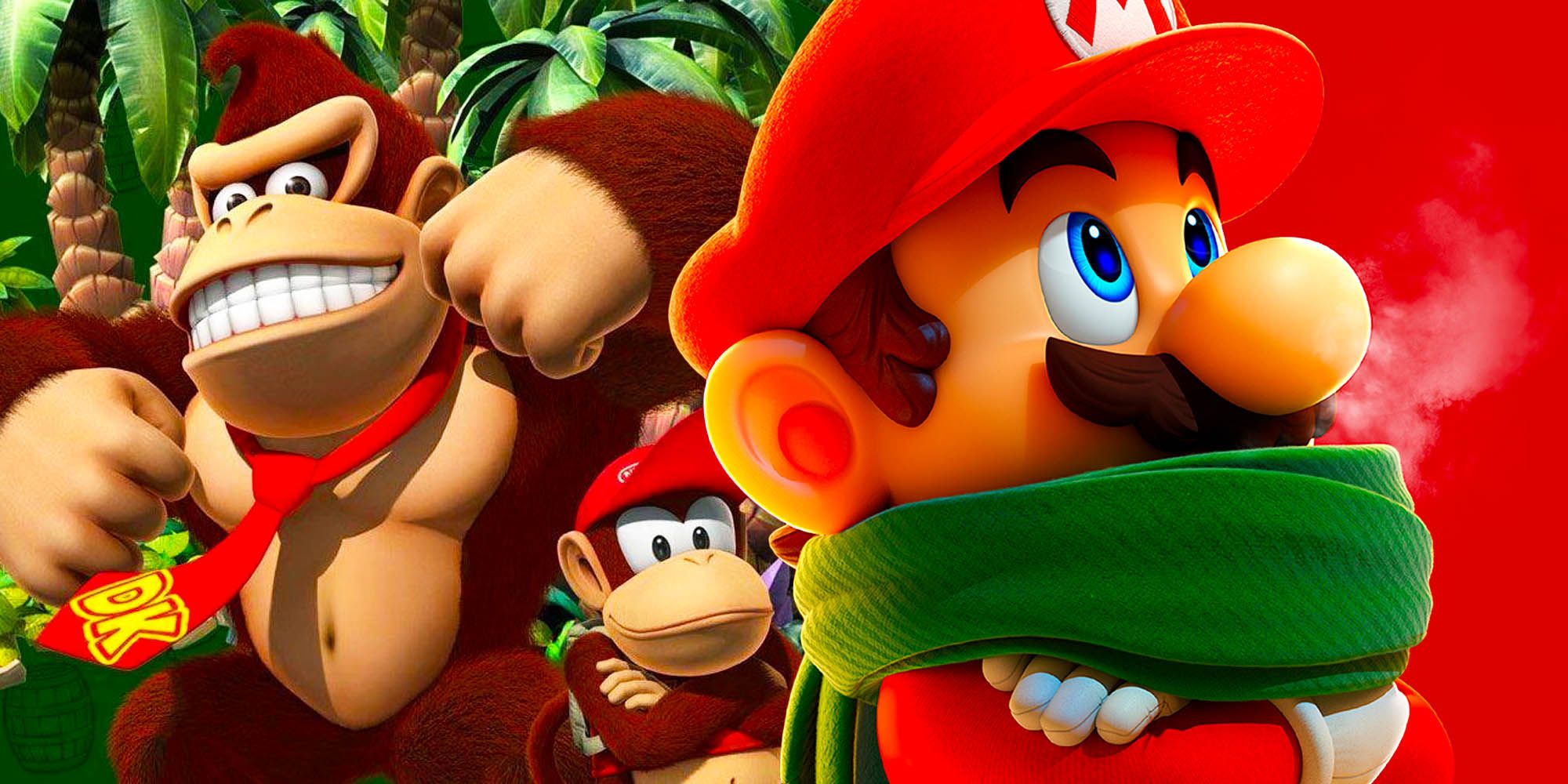 Donkey Kong and kid in background with Mario imposed on the right looking the other direction