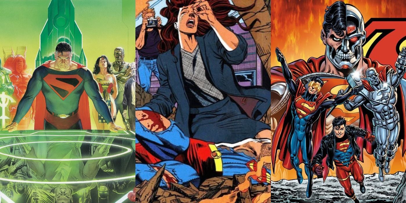 Split image of Superman from Kingdom Come, Death of Superman, and Reign of Supermen comics.
