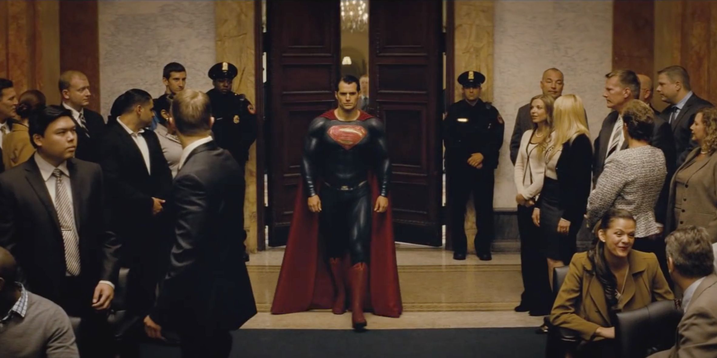 Superman walks into a courthouse in the DCEU