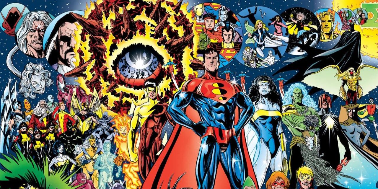 A future version of Superman stands with other DC heroes in a DC comic.