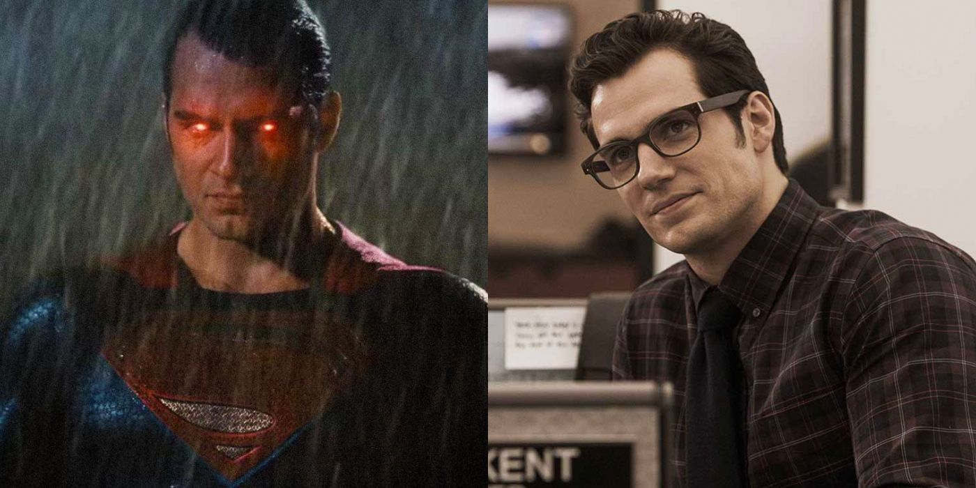 Split image where Superman's eyes glow red and Clark Kent at the Daily Planet office in the DCEU