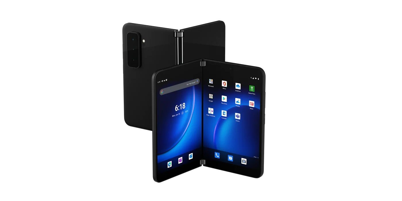 A photo shwoing the front and rear of the Microsoft Surface Duo 2 smartphone