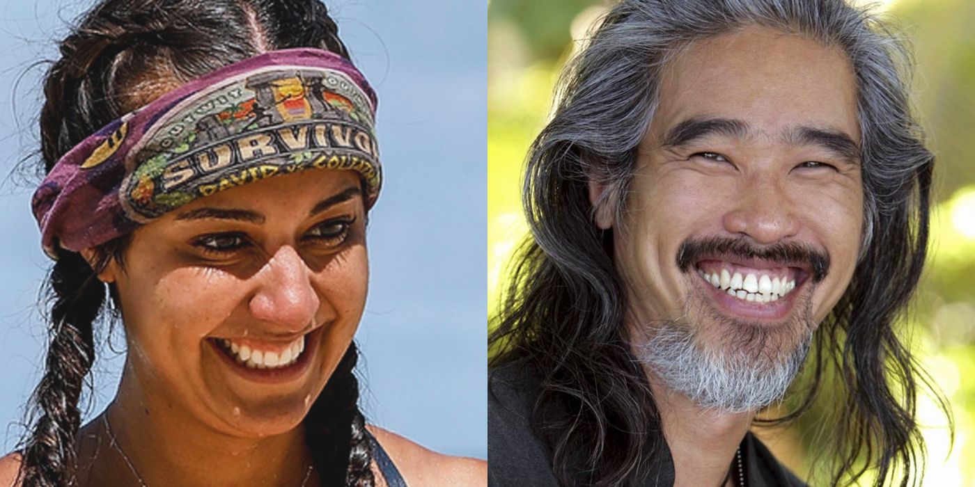 Split image: Angelina grinning on Survivor: David vs. Goliath, Cao Boi smiles in a promo photo for Survivor: Cook Islands