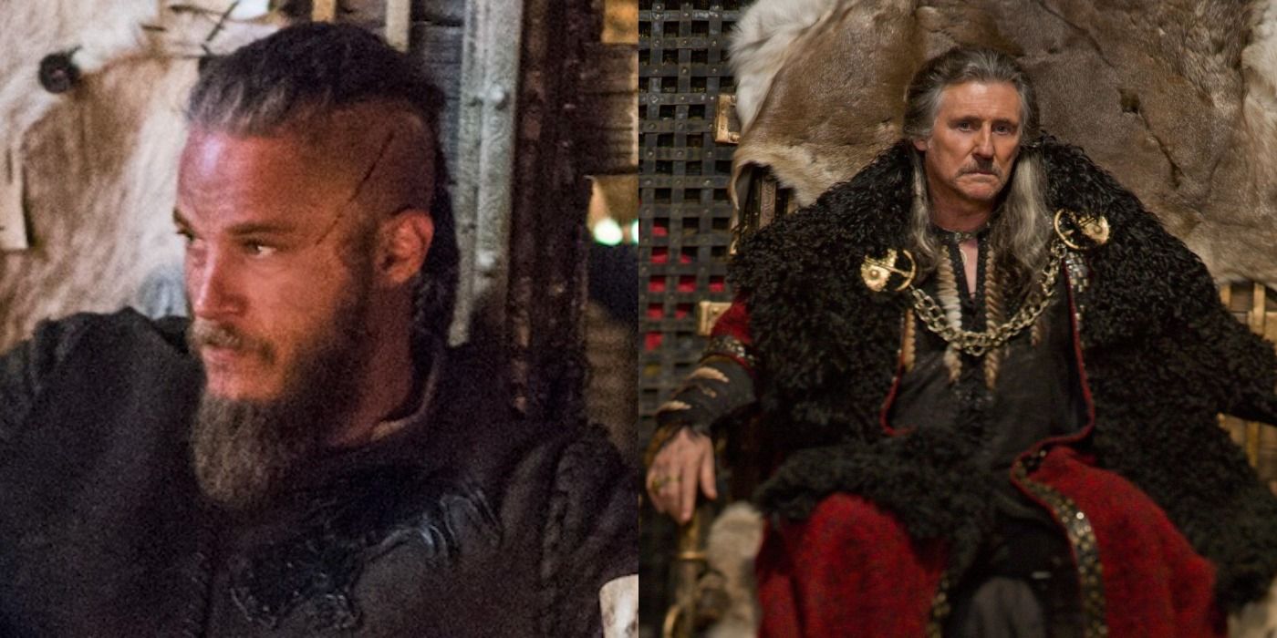 Split image: Ragnar, Haraldson glower in Vikings